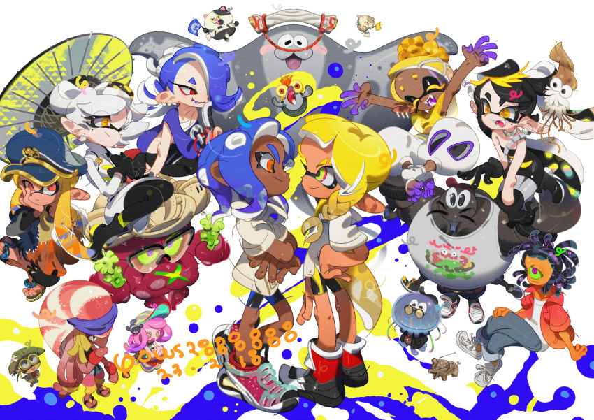 6+boys 6+girls absurdres agent_3_(splatoon) arm_at_side arms_up beard big_man_(splatoon) bike_shorts black_dress black_footwear black_gloves black_leggings blonde_hair blue_hat blue_shawl blush_stickers boots bow-shaped_hair braid bulging_eyes callie_(splatoon) cap'n_cuttlefish cat chest_sarashi choker cloak closed_eyes closed_mouth coat collared_shirt colored_eyelashes colored_sclera colored_skin commentary_request crop_top crossed_arms dark-skinned_female dark-skinned_male dark_skin dj_octavio dress drooling earrings everyone facial_hair fan_to_mouth fangs flag folded_fan folding_fan frye_(splatoon) gloves gnarly_eddy_(splatoon) gradient_hair green_eyes green_sclera grey_hair hachimaki hair_ornament hair_over_one_eye hand_fan hand_on_own_cheek hand_on_own_face hand_on_own_hip harem_pants harmony's_clownfish_(splatoon) harmony_(splatoon) hat headband highres holding holding_fan holding_flag holding_umbrella hoop_earrings hugging_own_legs inkling inkling_girl inkling_player_character jel_la_fleur jewelry judd_(splatoon) korean_commentary leggings li'l_judd_(splatoon) light_smile looking_at_another marie_(splatoon) medium_hair mr._coco_(splatoon) mr._grizz_(splatoon) multicolored_footwear multicolored_hair multiple_boys multiple_girls multiple_legs murch_(splatoon) nejiri_hachimaki octoling octoling_boy octoling_player_character one-eyed one_eye_covered open_mouth orange_eyes orange_pupils orange_skin outstretched_arms ows28888888 pants pantyhose patchwork_clothes peaked_cap pink_eyes pink_hair pointy_ears purple_hair red_eyes sandals sarashi shawl sheldon_(splatoon) shirt shiver_(splatoon) short_hair sitting smallfry_(splatoon) smile socks splatoon_(series) splatoon_3 standing strapless strapless_dress suction_cups tank_top tentacle_hair toeless_footwear tooth_earrings twintails two-tone_eyes umbrella wariza white_background white_choker white_coat white_pants white_pantyhose white_shirt white_socks x_hair_ornament yellow_eyes yellow_shawl yellow_shirt