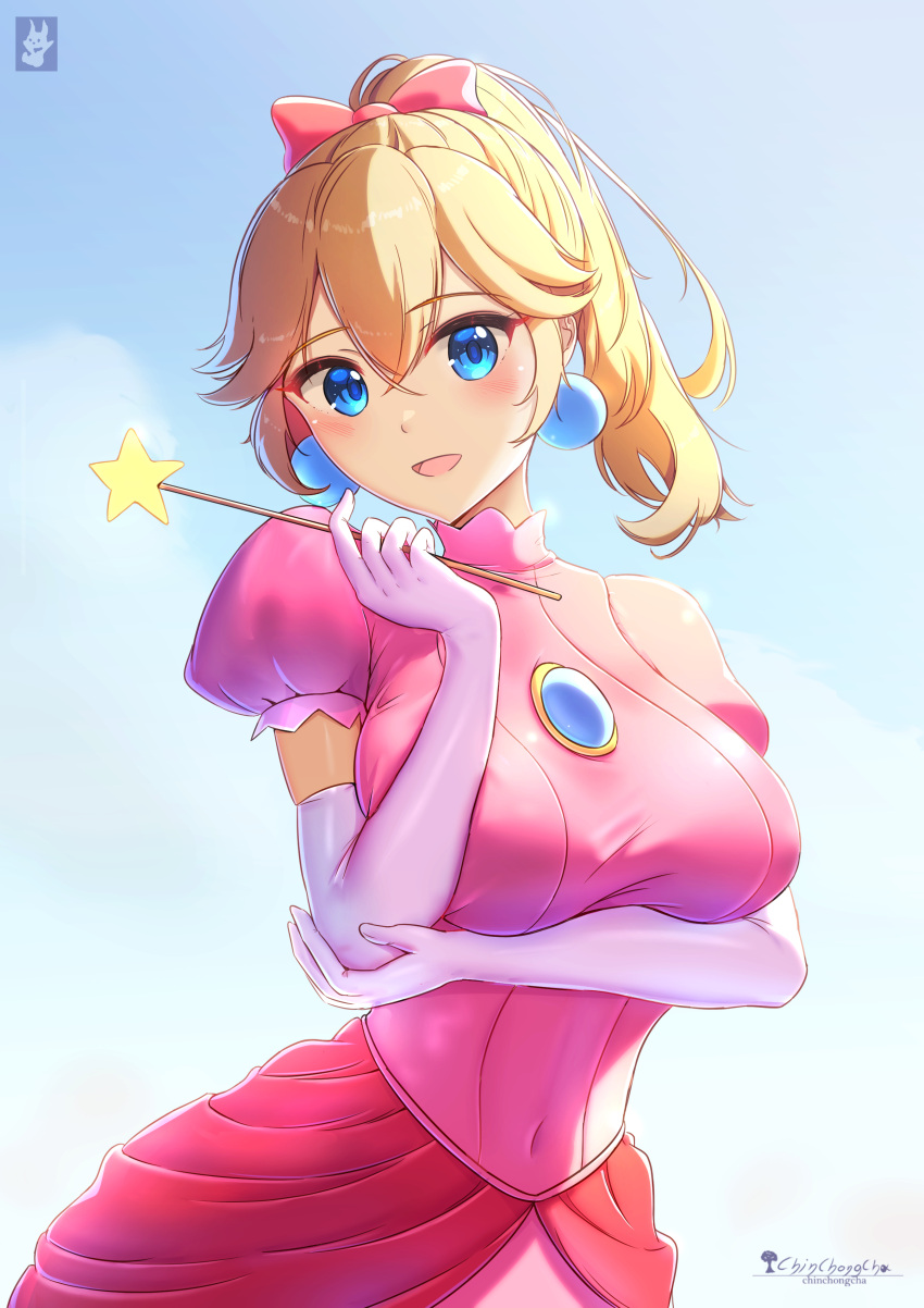 1girl absurdres blonde_hair blue_eyes chinchongcha dress earrings elbow_gloves gloves highres jewelry long_hair looking_at_viewer official_alternate_costume ponytail princess_peach princess_peach:_showtime! smile solo sphere_earrings super_mario_bros. white_gloves