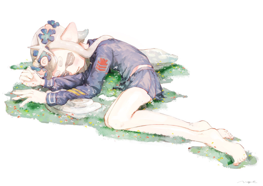 1girl barefoot blue_flower blue_hair blue_shirt blue_skirt blush closed_eyes commentary_request flower full_body gradient_hair grass grey_hair head_wreath highres inkling inkling_girl inkling_player_character long_hair long_sleeves lying midriff_peek multicolored_hair on_grass on_side parted_lips pleated_skirt pointy_ears pppmepl red_flower seashell shell shirt signature skirt sleeping solo splatoon_(series) splatoon_3 suction_cups tentacle_hair thick_eyebrows twintails two-tone_hair white_background white_flower yellow_flower