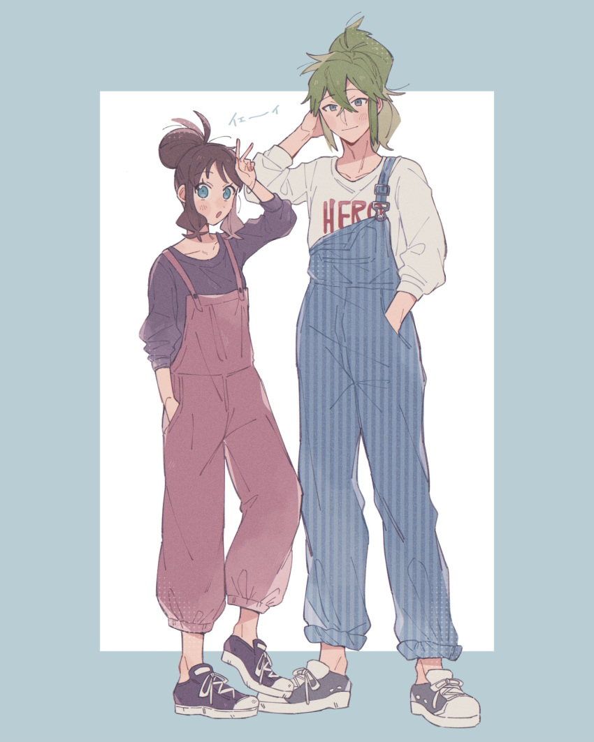1boy 1girl :o alternate_costume aqua_eyes bracelet brown_hair commentary_request crossed_bangs eyelashes green_hair hair_bun hand_in_pocket hand_up highres hilda_(pokemon) hime_(himetya105) jewelry looking_at_viewer n_(pokemon) open_mouth overalls pokemon pokemon_bw shirt shoes sidelocks sleeves_past_elbows sneakers standing