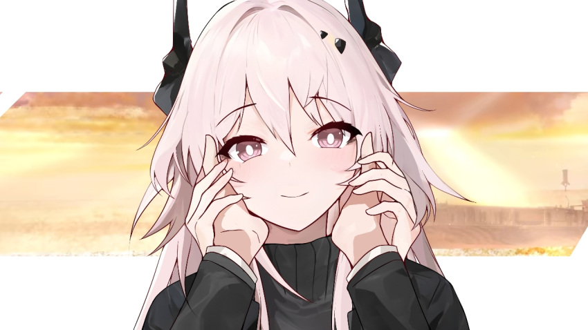 1girl 1other :d aliasing arknights black_horns black_sweater chinese_commentary closed_eyes commentary_request facing_viewer hair_between_eyes hands_on_another's_cheeks hands_on_another's_face hands_up happy horns light_blush long_hair long_sleeves long_wuxian material_growth open_mouth oripathy_lesion_(arknights) pink_background pink_eyes pink_hair portrait pov pov_hands smile solo_focus sweater theresa_(arknights) turtleneck turtleneck_sweater