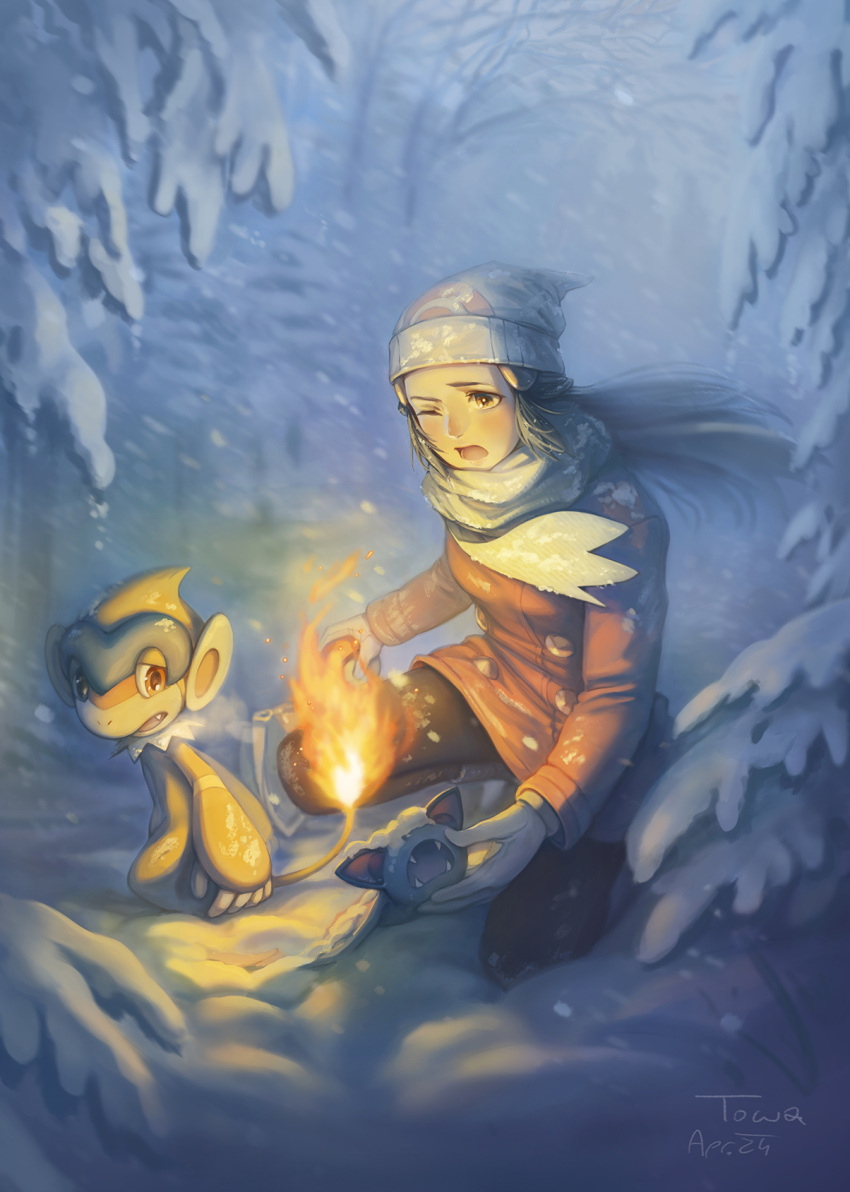 1girl beanie black_hair blurry blurry_background blush boots buttons chimchar coat commentary fire floating_hair hat highres hikari_(pokemon) kazuko_(towa) long_hair long_sleeves on_one_knee one_eye_closed open_mouth outdoors pantyhose pokemon pokemon_(creature) pokemon_dppt pokemon_platinum scarf signature snow snowing zubat