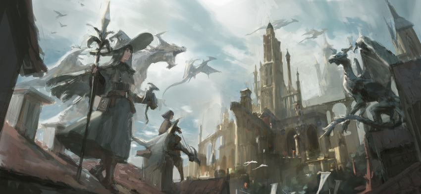 1boy 1girl absurdres bird black_hair building cape castle chinese_commentary clouds cloudy_sky commentary_request day dragon fantasy gloves hat highres holding holding_staff holding_weapon long_hair original outdoors scenery sky staff standing weapon witch witch_hat zygocactus