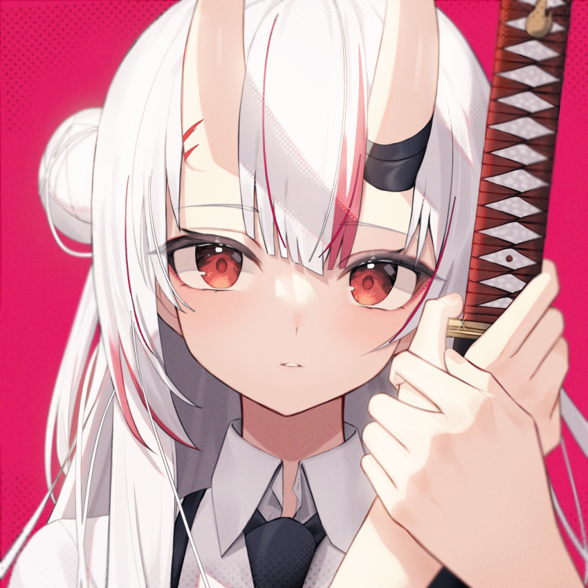 1girl collared_shirt hair_bun highres holding holding_sword holding_weapon hololive horns long_hair looking_at_viewer multicolored_hair nakiri_ayame nakiri_ayame_(streetwear) official_alternate_costume parted_lips portrait red_eyes redhead shirt skin-covered_horns solo streaked_hair sword thomas_8000 virtual_youtuber weapon white_hair