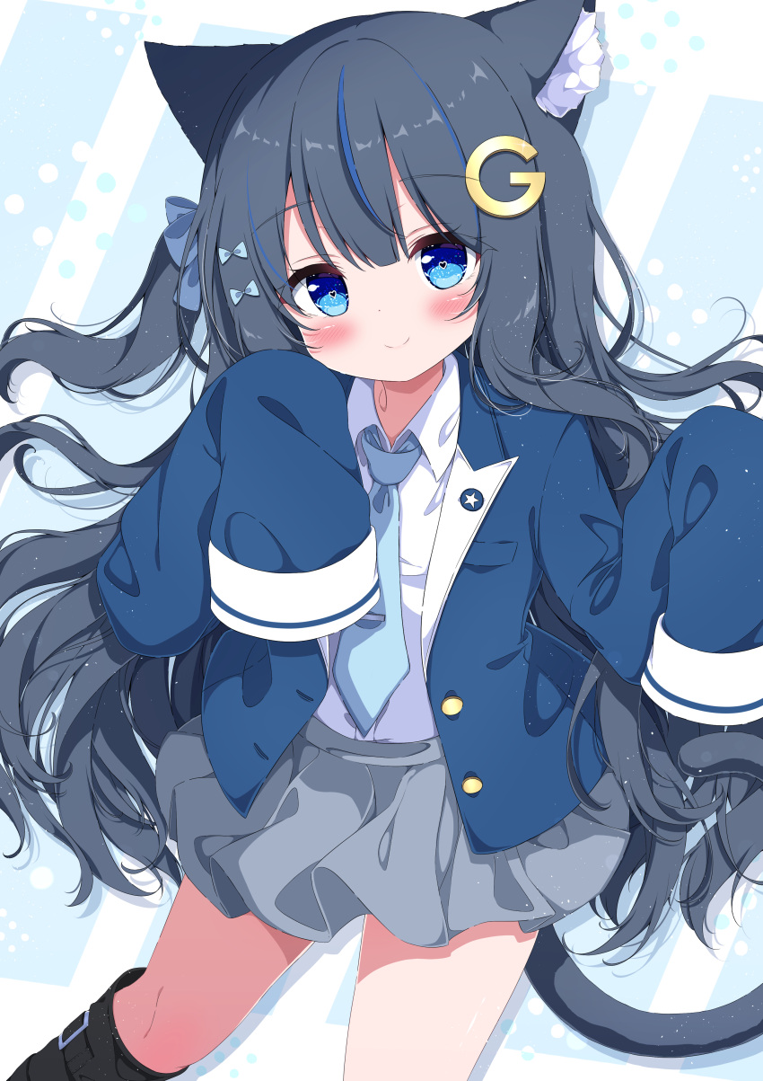 1girl absurdres animal_ears black_hair blue_bow blue_eyes blue_necktie bow cat_ears cat_girl cat_tail cowboy_shot g4ku grey_skirt hair_bow heart heart-shaped_pupils highres necktie original skirt sleeves_past_fingers sleeves_past_wrists smile solo symbol-shaped_pupils tail