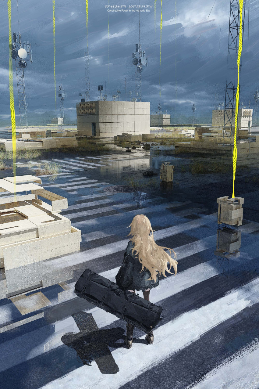 1girl absurdres after_rain arms_at_sides beacon black_jacket black_thighhighs blonde_hair building clouds coordinates crosswalk dark_clouds day english_text facing_away floating_hair from_behind highres holding_case jacket long_hair original outdoors overcast puddle radio_tower scenery shadow sky solo standing surreal thigh-highs wet_ground wide_shot ya_yan