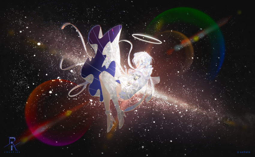 1girl closed_eyes commentary_request dia_(saihate_(d3)) dress halo high_heels highres long_hair original photo_background saihate_(d3) shoes single_thighhigh solo space star_(sky) thigh-highs twitter_username very_long_hair white_dress white_hair white_thighhighs