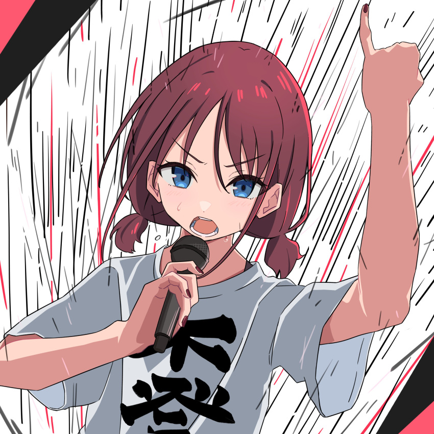 1girl 7n7nurur absurdres blue_eyes commentary_request girls_band_cry highres holding holding_microphone iseri_nina looking_at_viewer microphone music open_mouth red_nails redhead shikai_no_sumi_kuchiru_oto shirt short_twintails singing solo sweat twintails upper_body white_shirt