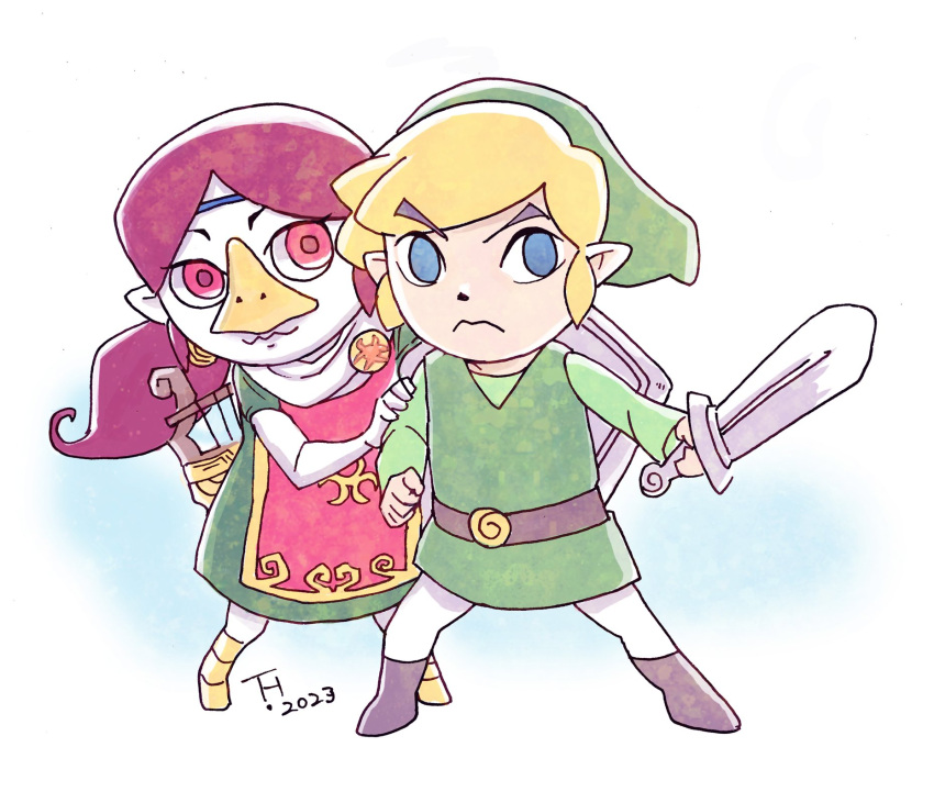 1boy 1girl beak blonde_hair dated full_body green_hair grey_eyes hand_on_another's_shoulder harp highres holding holding_sword holding_weapon instrument kujira_gunsou link looking_at_viewer medli pointy_ears pointy_hat red_eyes redhead rito shield signature standing sword the_legend_of_zelda the_legend_of_zelda:_the_wind_waker toon_link weapon