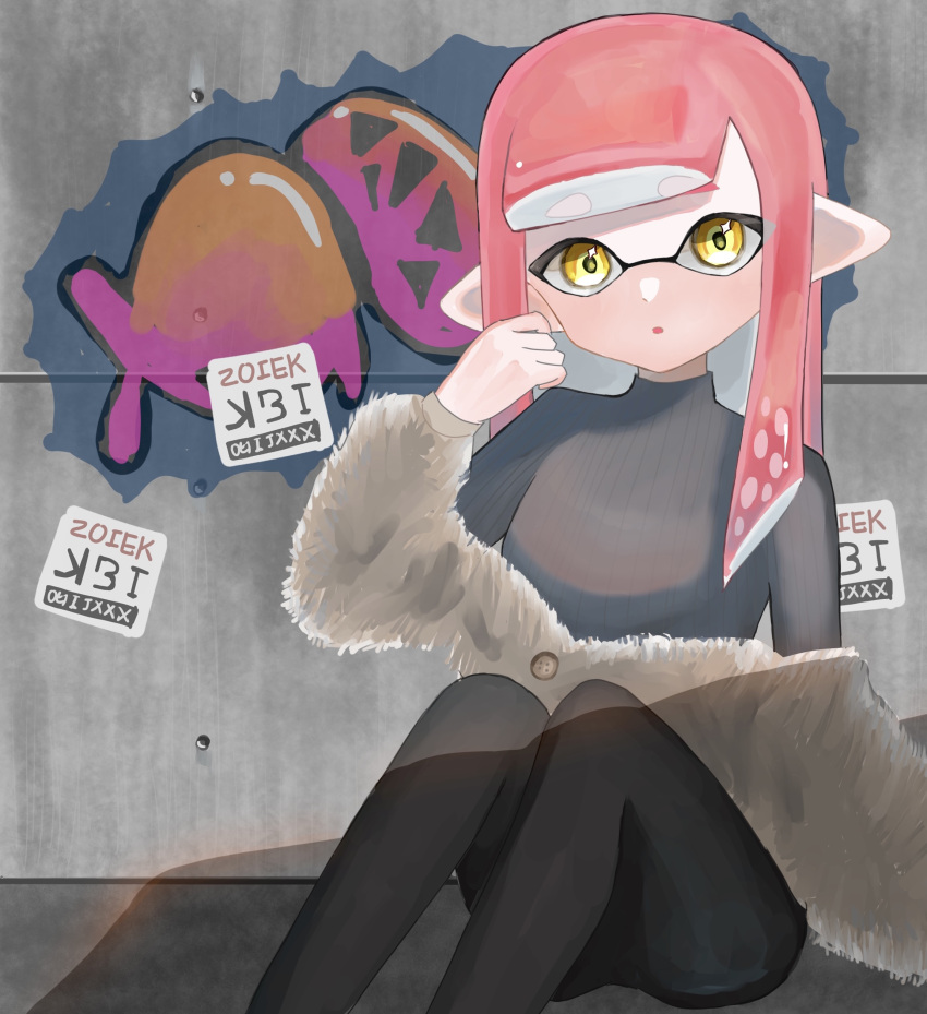 1girl absurdres black_pants commentary graffiti grey_sweater highres inkling inkling_girl inkling_player_character long_hair looking_at_viewer negi_kobito open_mouth pants pointy_ears redhead sitting solo splatoon_(series) sweater symbol-only_commentary tentacle_hair thick_eyebrows yellow_eyes