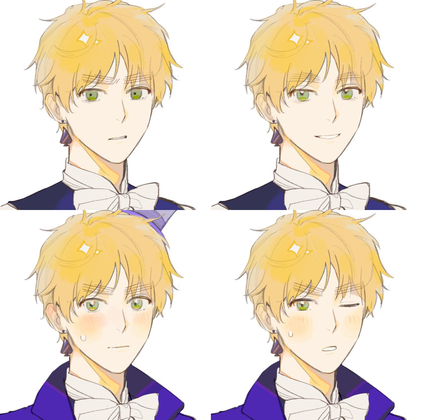 1boy blonde_hair blue_coat blue_vest blush bow bowtie character_request closed_mouth coat collared_coat collared_shirt copyright_request drop_earrings earrings eji_gakuki empty_eyes expressions green_eyes highres jewelry looking_at_viewer male_focus one_eye_closed parted_lips shirt short_hair simple_background smile spade_(shape) spade_earrings sweatdrop teeth variations vest white_background white_bow white_bowtie white_shirt