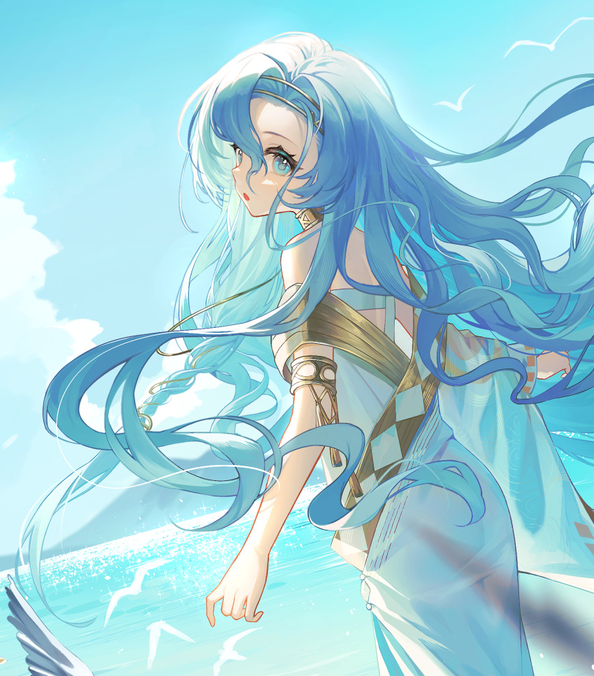 1girl 37_(reverse:1999) :o akuma_(ogino-m) ancient_greek_clothes armlet bare_shoulders bird blue_eyes blue_hair blue_sky clouds cowboy_shot cropped day dutch_angle floating_hair from_behind gold_choker greco-roman_clothes highres long_hair looking_at_viewer looking_back mountainous_horizon ocean outdoors reverse:1999 single_sleeve sky solo toga turning_head wide_sleeves