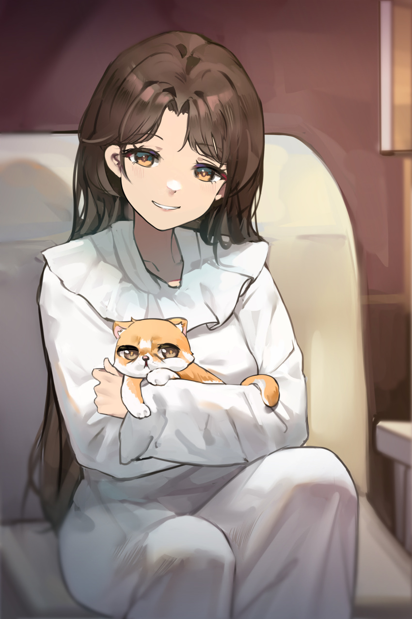 1girl absurdres animal_hug brown_hair cat collarbone couch deformed dot_nose frilled_shirt_collar frills hair_intakes highres indoors lamp long_hair looking_at_viewer nightgown on_couch orange_cat original parted_bangs sakanafish shadow sidelocks smile table teeth white_nightgown yellow_eyes