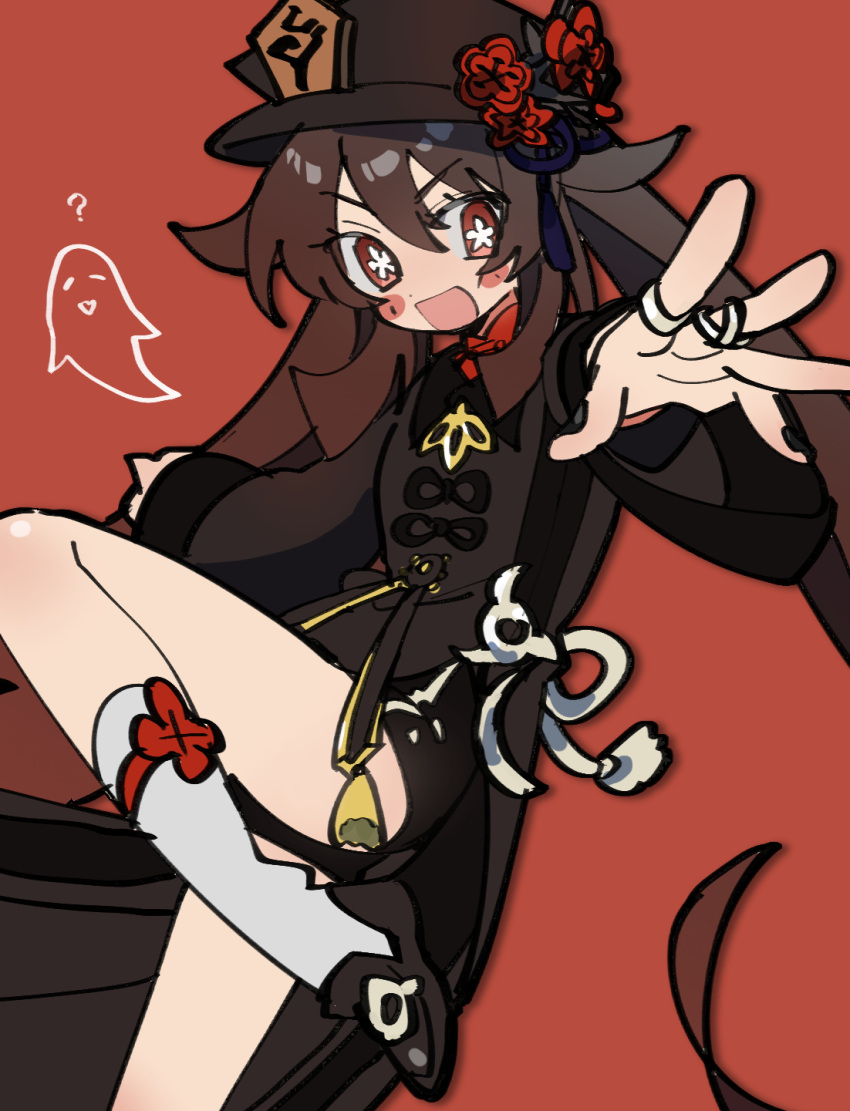 1girl black_nails black_shorts blush boo_tao_(genshin_impact) brown_hair flower flower-shaped_pupils genshin_impact ghost hat hat_flower highres hu_tao_(genshin_impact) jewelry kneehighs leg_up long_hair long_sleeves looking_at_viewer multiple_rings nail_polish open_mouth red_background red_eyes red_flower ring shoes short_shorts shorts sidelocks socks solo symbol-shaped_pupils twintails uotsu_(sabakou) very_long_hair white_socks