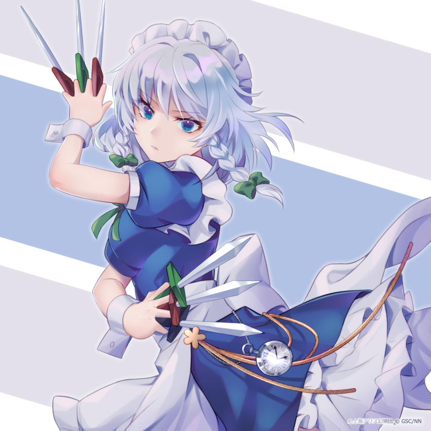 1girl blue_background blue_eyes braid breasts closed_mouth commentary_request derivative_work grey_background grey_hair highres holding izayoi_sakuya knife looking_at_viewer maid maid_headdress pocket_watch short_hair short_sleeves side_braids solo takita_(takita040) touhou touhou_lostword twin_braids watch