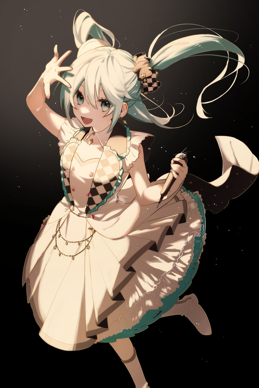1girl :d absurdres aqua_eyes aqua_hair arm_up black_background boots checkered_clothes collared_dress commentary_request dress earrings foot_out_of_frame hair_between_eyes hair_ornament hand_up hatsune_miku highres holding holding_microphone jewelry looking_at_viewer microphone more_more_jump!_miku motamo_(motamotri) open_mouth outstretched_hand project_sekai sidelocks simple_background smile solo twintails vocaloid white_dress white_footwear