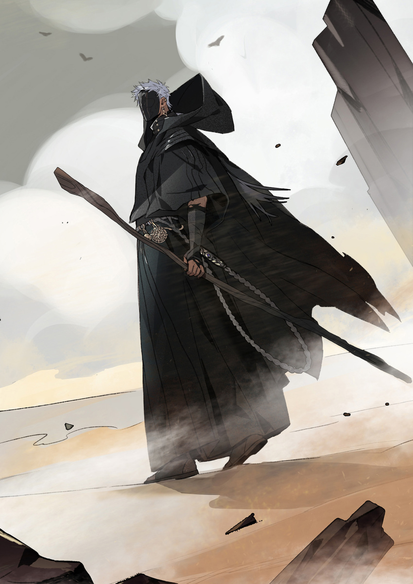 1boy arm_wrap bird black_cape black_footwear black_gloves black_hakama black_mask black_shirt black_theme boots cape chain clouds covered_face earclip earrings elrohirz full_body gloves grey_hair hakama highres holding holding_staff holding_stick hood hooded_cape japanese_clothes jewelry long_hair male_focus original outdoors rock sand shirt short_hair short_sleeves solo staff stick torn_clothes walking wide_sleeves wind