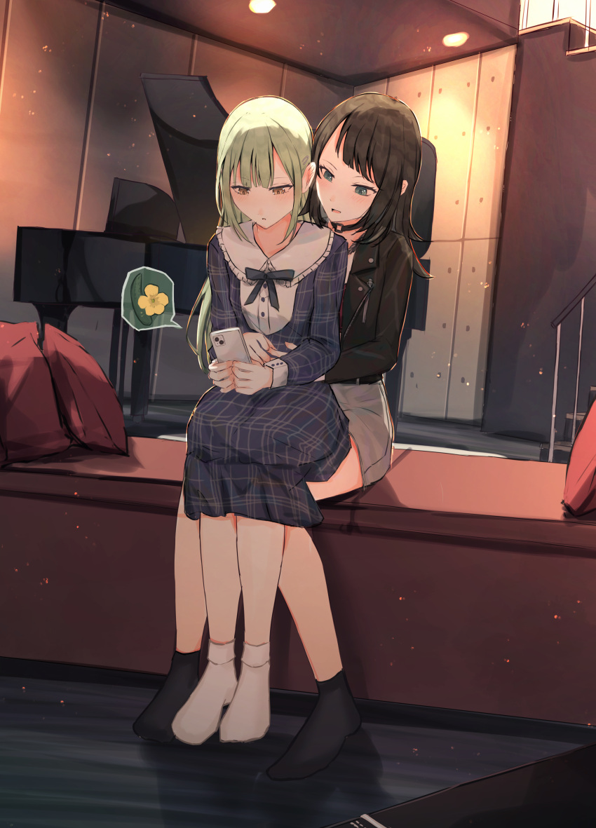 2girls absurdres bang_dream! bang_dream!_it's_mygo!!!!! belt benevole black_belt black_choker black_hair black_jacket blue_dress blush cellphone choker commentary commentary_request dress green_eyes green_hair grey_skirt hair_ornament hairclip highres holding holding_phone indoors instrument jacket light_particles long_hair long_sleeves medium_hair multiple_girls no_shoes open_mouth parted_lips partial_commentary phone piano plaid plaid_dress red_shirt shirt sitting sitting_on_lap sitting_on_person skirt smartphone wakaba_mutsumi yahata_umiri yellow_eyes yuri