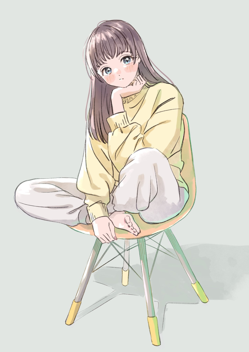 1girl :| barefoot blue_eyes blunt_bangs blush brown_hair chair closed_mouth crossed_ankles dot_nose expressionless feet full_body hand_on_own_chin head_rest highres long_hair long_sleeves looking_at_viewer original pants shadow sidelocks sitting solo sweater takaki_(mh_399) toes white_pants yellow_sweater