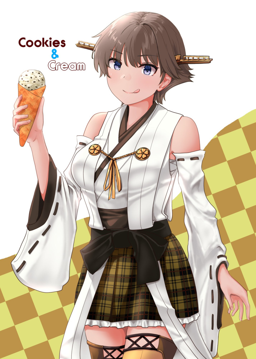 1girl alternate_color brown_hair checkered_background cowboy_shot detached_sleeves flipped_hair food headgear hiei_(kancolle) highres ice_cream jouzaburou_(joe3) kantai_collection nontraditional_miko plaid plaid_skirt ribbon-trimmed_sleeves ribbon_trim short_hair skirt solo thigh-highs tongue tongue_out violet_eyes yellow_skirt