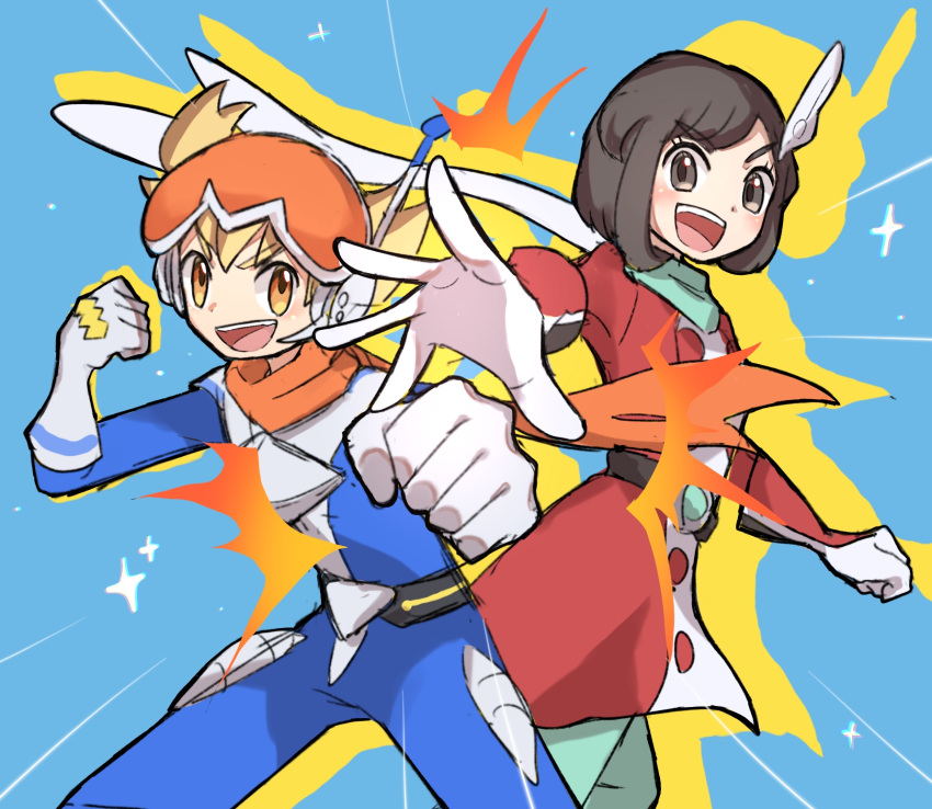 1boy 1girl barry_(pokemon) barry_(special_costume)_(pokemon) belt black_hair blonde_hair blue_background blue_bodysuit bodysuit clenched_hands gloves highres official_alternate_costume open_mouth pokemon pokemon_masters_ex scarf selene_(pokemon) selene_(special_costume)_(pokemon) short_hair sparkle white_gloves yubo_(yubo_san)