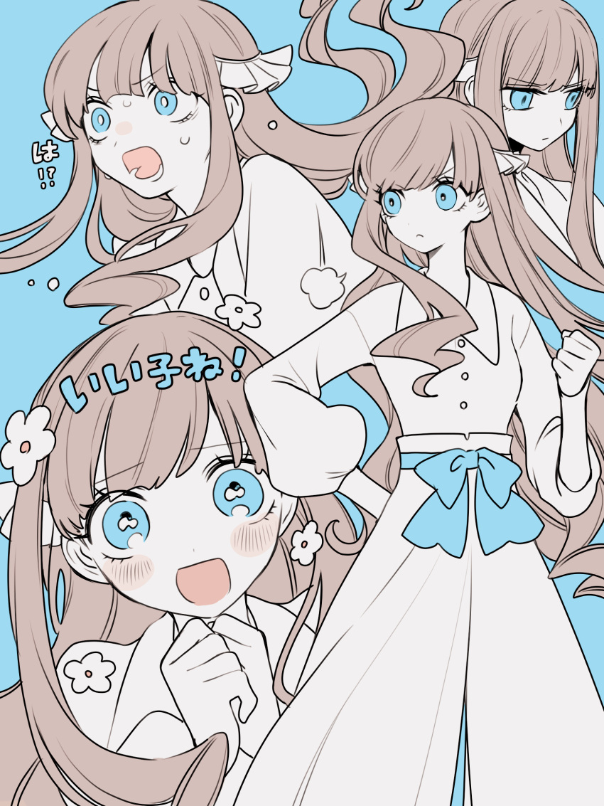 1girl blue_background blue_eyes blush blush_stickers bow brown_hair clenched_hand hair_ornament high-waist_skirt highres long_hair long_sleeves maco22 multiple_views open_mouth original skirt smile sweat translation_request v-shaped_eyebrows very_long_hair