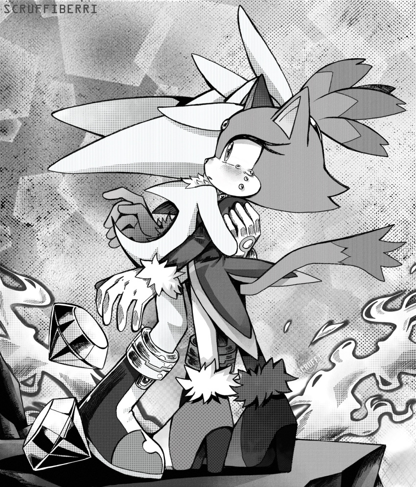 1boy 1girl blaze_the_cat blush chaos_emerald commentary crying english_commentary fire gloves greyscale highres hug monochrome scruffyart silver_the_hedgehog sonic_(series) tail