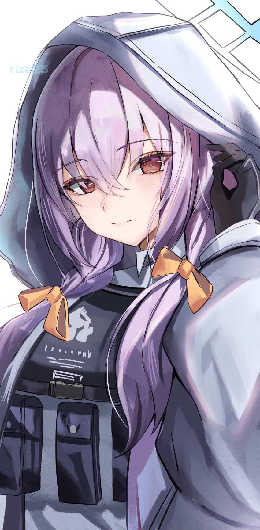 1girl absurdres adjusting_hair artist_name atsuko_(blue_archive) black_gloves blue_archive blush bow braid bulletproof_vest closed_mouth film_grain gloves hair_between_eyes hair_bow highres hood hood_up hooded_jacket jacket light_smile long_hair long_sleeves looking_at_viewer purple_hair red_eyes riza25 solo twin_braids upper_body watermark white_background white_jacket yellow_bow