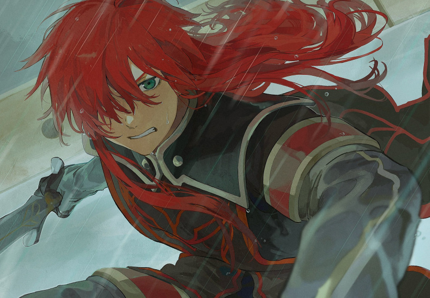 1boy asch_(tales) black_cape cape clenched_teeth commentary_request green_eyes hair_over_one_eye highres holding holding_sword holding_weapon long_hair male_focus meba outdoors rain red_trim redhead sword tales_of_(series) tales_of_the_abyss teeth weapon