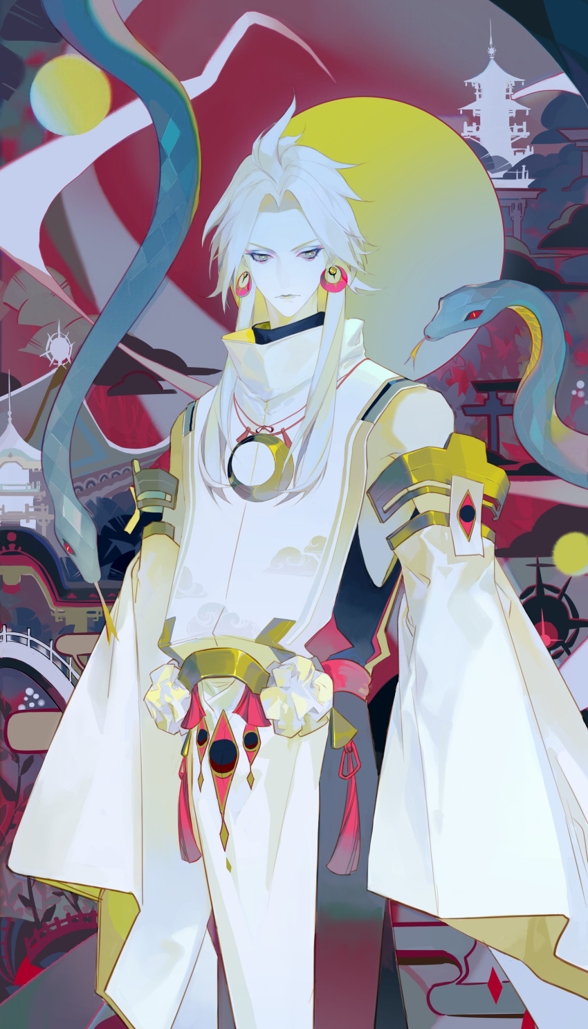 1boy absurdres architecture bishounen closed_mouth colored_skin curtained_hair detached_sleeves earrings east_asian_architecture eyeshadow forked_tongue highres jewelry long_hair long_sleeves looking_at_viewer makeup male_focus onmyoji pale_skin parted_bangs red_background short_hair_with_long_locks snake solo standing susabi_(onmyoji) tassel tassel_earrings tongue violet_eyes white_hair white_snake wide_sleeves yisiwanxi