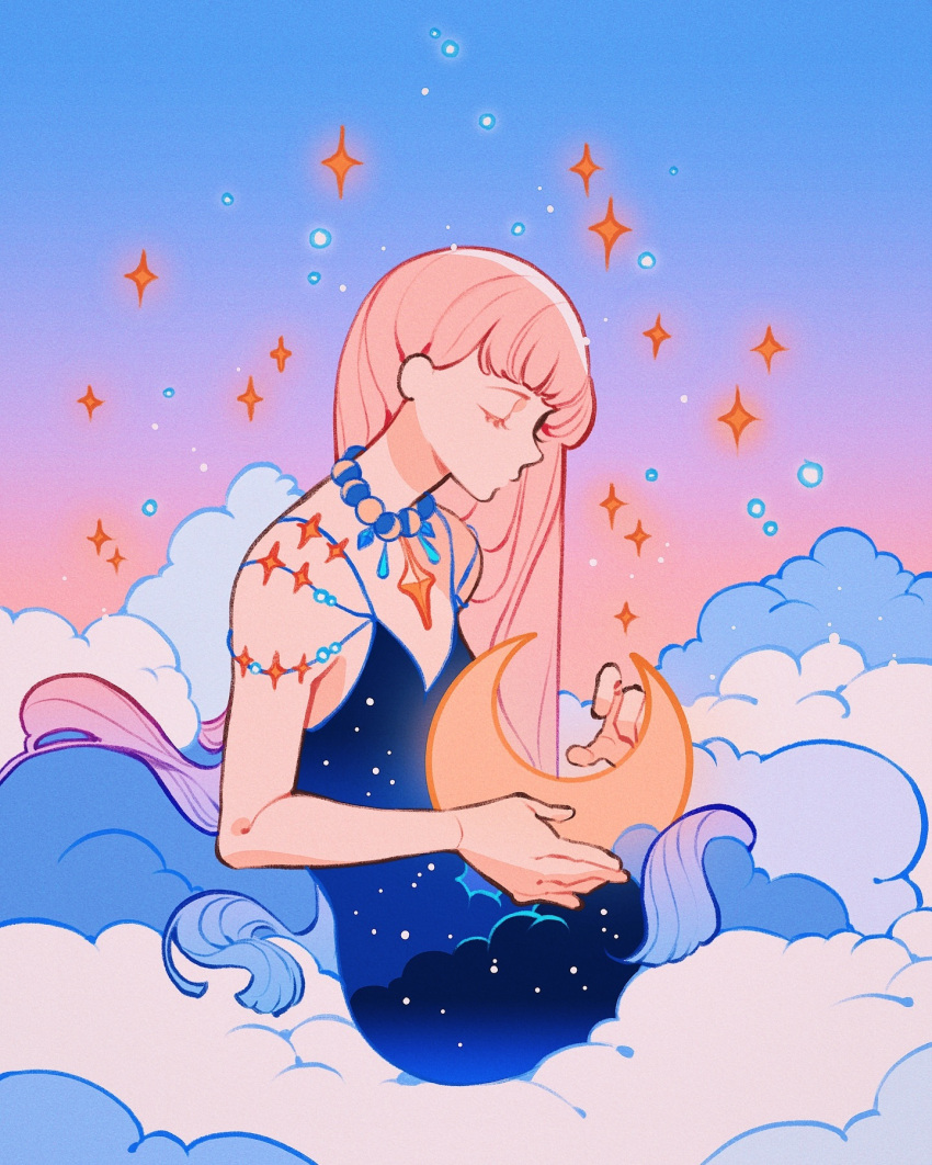 1girl blue_dress closed_eyes closed_mouth clouds crescent_moon dress gradient_background gradient_hair highres jewelry meyoco moon moon_phases multicolored_hair necklace on_cloud original pastel_colors pink_hair sleeveless star_(sky) star_(symbol) star_print sunset