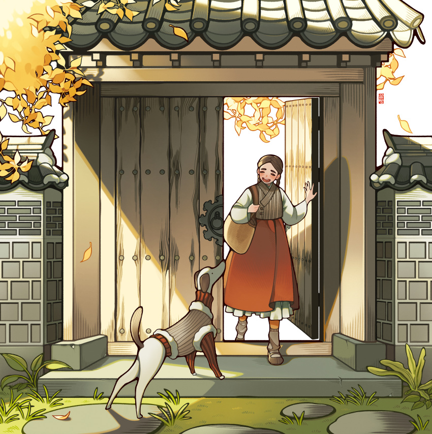 1girl absurdres animal architecture autumn_leaves bag braid brick_wall brown_hair clothed_animal day dog east_asian_architecture falling_leaves gate grass grey_socks hanbok hands_up highres im_honeybread korean_clothes leaf long_hair looking_at_another looking_up original parted_lips petticoat red_skirt shoulder_bag skirt smile socks twin_braids twintails walking winter_clothes