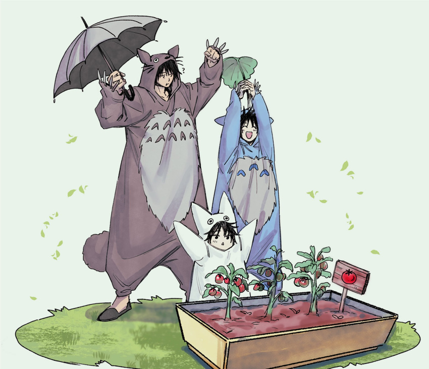 1girl 2boys ? ^_^ aged_down arms_up black_hair child closed_eyes commentary cosplay family full_body fushiguro_megumi fushiguro_touji highres holding holding_umbrella jugang140 looking_at_another looking_up megumi's_mother_(jujutsu_kaisen) multiple_boys plant potted_plant smile spiky_hair symbol-only_commentary tomato tonari_no_totoro totoro totoro_(cosplay) umbrella whiskers