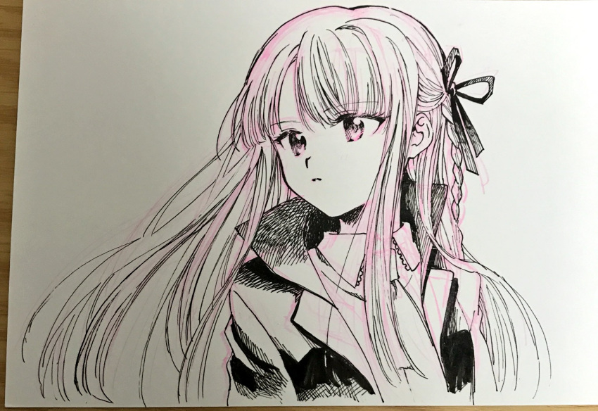 1girl blunt_bangs braid coattails collared_jacket collared_shirt commentary_request danganronpa:_trigger_happy_havoc danganronpa_(series) eyelashes greyscale hair_ribbon high_collar highres jacket kirigiri_kyoko lace-trimmed_collar lace_trim long_hair long_sleeves looking_ahead monochrome necktie no+bi= open_clothes open_jacket parted_bangs parted_lips photo_(medium) purple_hair ribbon shirt single_braid solo spot_color traditional_media upper_body violet_eyes