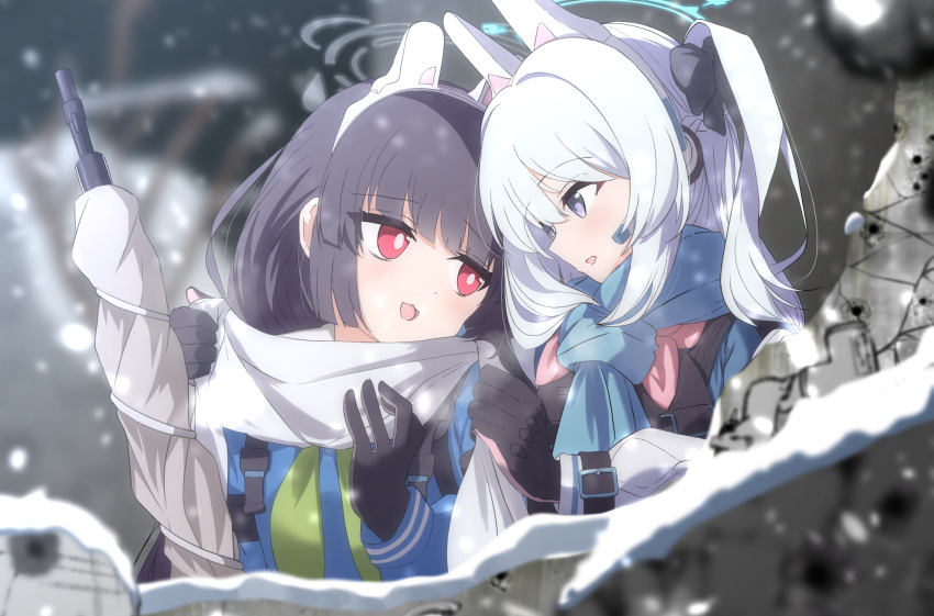 2girls animal_ears black_gloves black_hair blue_archive blue_scarf blush bolt_action bright_pupils earpiece fake_animal_ears gloves green_neckerchief grey_gloves grey_hair gun highres kaine_(gupisgood) long_hair long_sleeves miyako_(blue_archive) miyu_(blue_archive) mosin-nagant multiple_girls neckerchief one_side_up open_mouth pink_gloves pink_neckerchief rabbit_ears red_eyes rifle scarf smile two-tone_gloves violet_eyes weapon white_pupils white_scarf