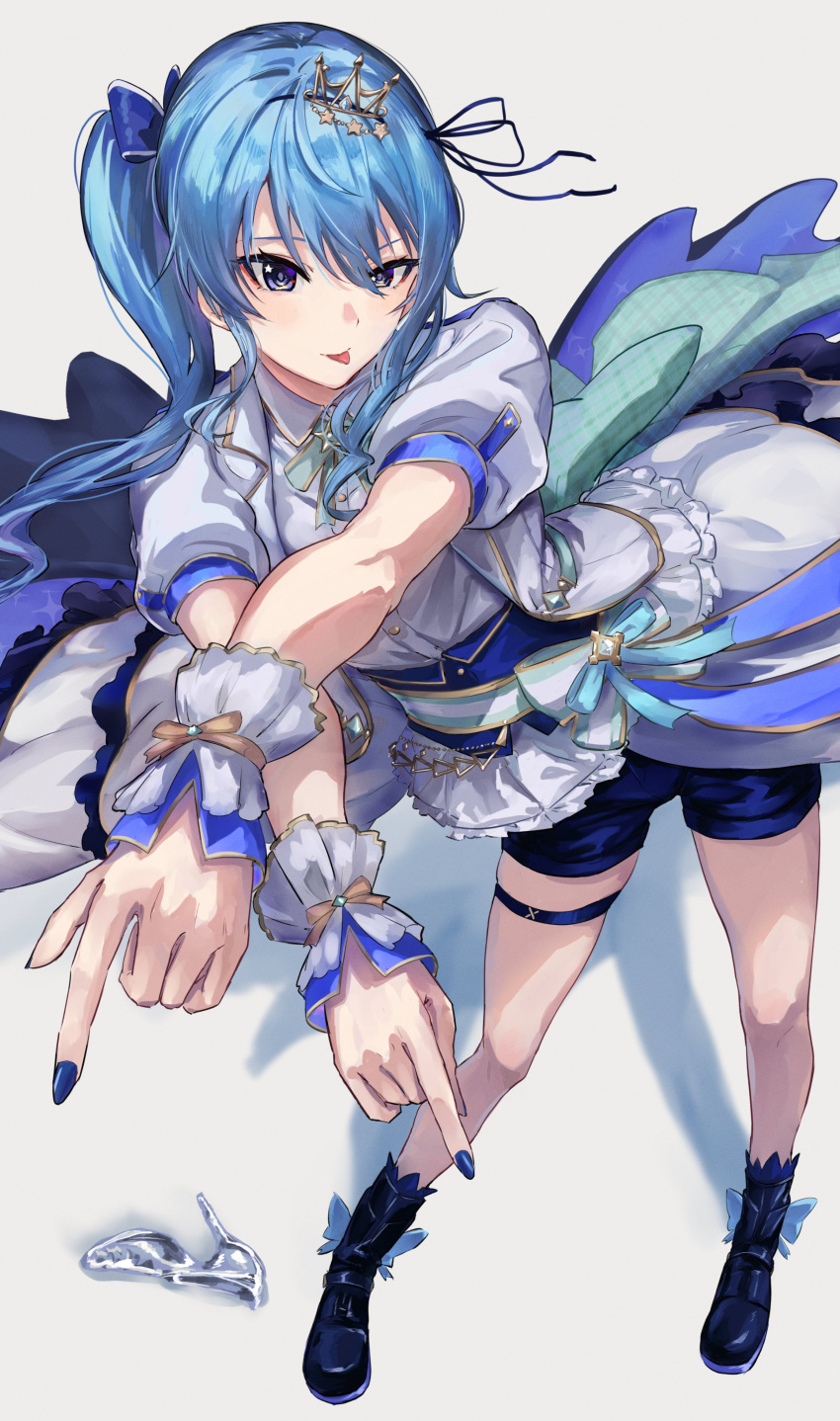 absurdres blue_eyes blue_footwear blue_hair blue_nails blue_ribbon blue_shirt blue_shorts blue_skirt boots commentary crossed_arms dancing hair_between_eyes hair_ornament hair_ribbon hairclip highres hololive hoshimachi_suisei long_hair nail_polish pointing puffy_short_sleeves puffy_sleeves ribbon sakazuki_sudama shirt short_sleeves shorts side_ponytail sidelocks skirt smile star_(symbol) star_in_eye symbol-only_commentary symbol_in_eye thigh_strap tongue tongue_out wrist_cuffs