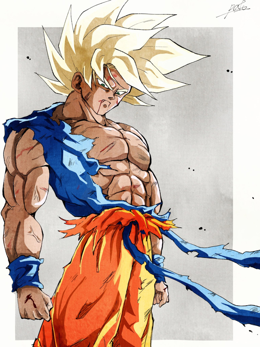 1boy abs battle_damage blonde_hair blood blood_from_mouth blood_on_arm blood_on_chest blue_sash blue_shirt blue_wristband clenched_hand collarbone cowboy_shot dragon_ball dragon_ball_z green_eyes highres injury looking_down male_focus muscular muscular_male orange_pants pants pato007711 pectorals sash shirt signature simple_background solo son_goku spiky_hair super_saiyan super_saiyan_1 torn_clothes torn_shirt veins wind wristband