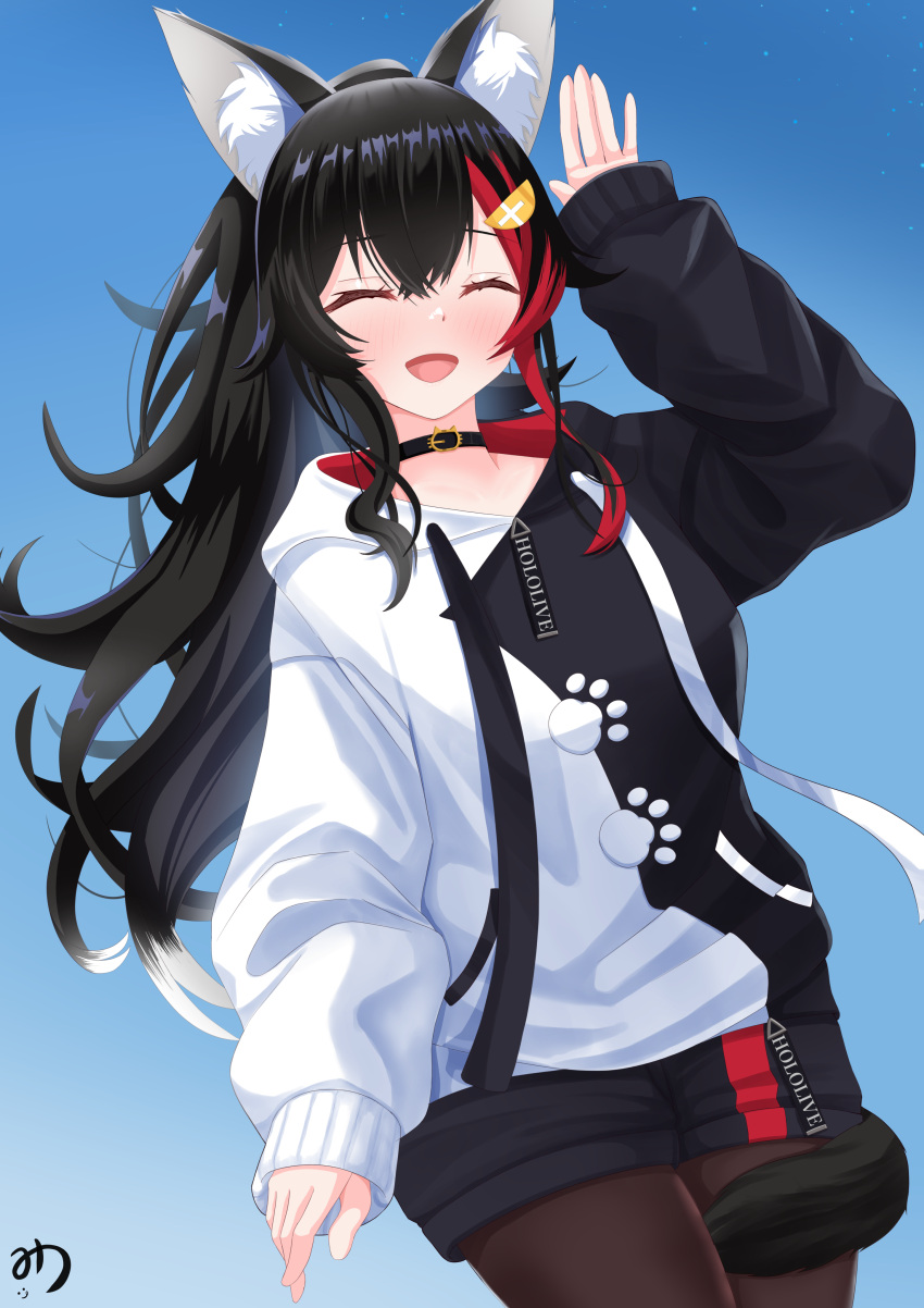 1girl absurdres animal_ear_fluff animal_ears black_collar black_hair black_hoodie black_pantyhose blue_sky closed_eyes collar hair_ornament hairpin highres hololive hood hoodie long_hair looking_at_viewer multicolored_hair muutsu_(maxwell0916) official_alternate_costume ookami_mio ookami_mio_(casual) open_mouth pantyhose ponytail redhead sky smile solo streaked_hair tail tail_around_own_leg two-tone_hoodie virtual_youtuber white_hoodie wolf_ears wolf_girl wolf_tail