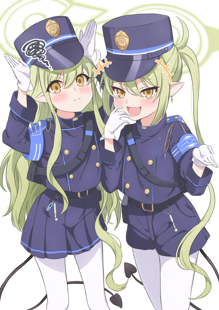 2girls :d bag belt black_belt blue_archive blue_jacket blue_shorts blue_skirt blush buttons curly_hair demon_girl demon_tail double-breasted earrings fang frown gloves green_halo grey_hair hair_between_eyes halo hands_up hat highres hikari_(blue_archive) itaba_atsushi jacket jewelry legs_apart legs_together long_hair long_sleeves looking_at_viewer miniskirt multiple_girls nozomi_(blue_archive) pantyhose pleated_skirt short_shorts shorts shoulder_bag siblings sisters skirt smile smug standing tail thighs twins twintails very_long_hair white_gloves yellow_eyes