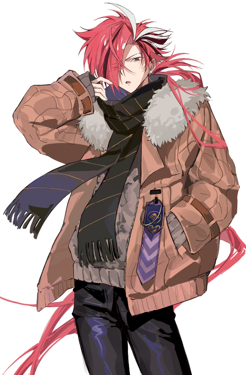 1boy alternate_costume black_hair black_pants black_scarf cowboy_shot earrings eyebrow_cut eyes_visible_through_hair fate/grand_order fate_(series) fur-trimmed_jacket fur_trim hair_over_one_eye highres jacket jewelry layered_clothes long_hair long_sleeves looking_at_viewer low_ponytail male_focus muki_(muki_kunxd) multicolored_hair pants parted_lips red_eyes redhead scarf simple_background solo streaked_hair sweater takasugi_shinsaku_(fate) very_long_hair white_background white_hair winter_clothes