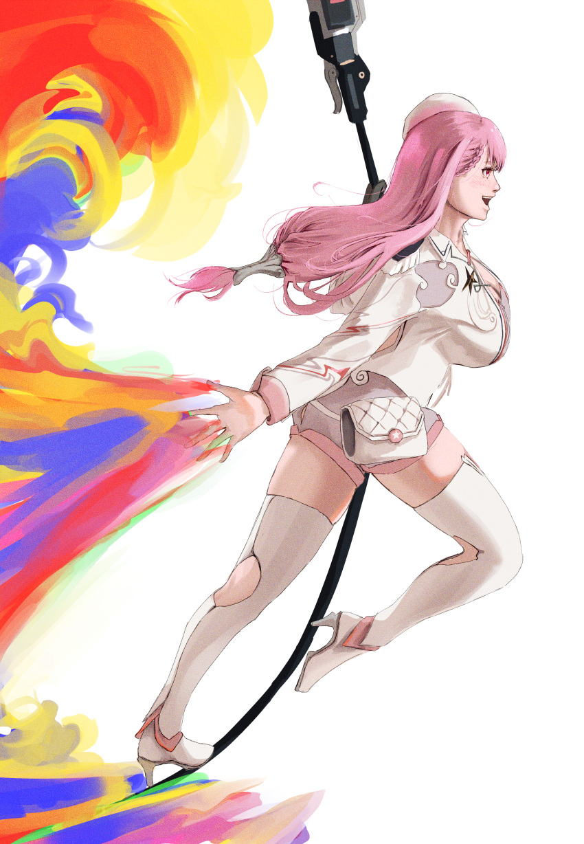 1girl absurdres ayla_(punishing:_gray_raven) braid braided_bangs breasts grey_shorts high_heels highres jacket large_breasts long_hair long_sleeves mairu_(user_2757) open_mouth pink_eyes pink_hair polearm punishing:_gray_raven short_shorts shorts solo teeth thigh-highs upper_teeth_only weapon white_jacket white_thighhighs