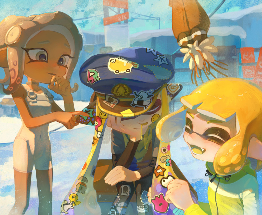 1boy 3girls ^_^ agent_3_(splatoon) agent_4_(splatoon) agent_8_(splatoon) bare_shoulders black_pants blonde_hair blue_hat bodysuit cap'n_cuttlefish cloak closed_eyes colored_tongue commentary_request covered_navel dark-skinned_female dark_skin dmwggg dried_squid drooling finger_to_mouth floating furrowed_brow grey_choker grey_eyes grey_hair grey_shirt half-closed_eyes hand_on_own_cheek hand_on_own_face hat head_rest headphones highres inkling jacket layered_shirt long_hair looking_at_another medium_hair multiple_girls old old_man orange_eyes pants peaked_cap shirt sitting sleeping sleeveless sleeveless_bodysuit splatoon_(series) splatoon_3 splatoon_3:_side_order squidbeak_splatoon standing sticker sticker_on_face sticker_on_leg suction_cups tentacle_hair too_many_stickers torn_cloak torn_clothes twintails white_bodysuit yellow_jacket yellow_tongue