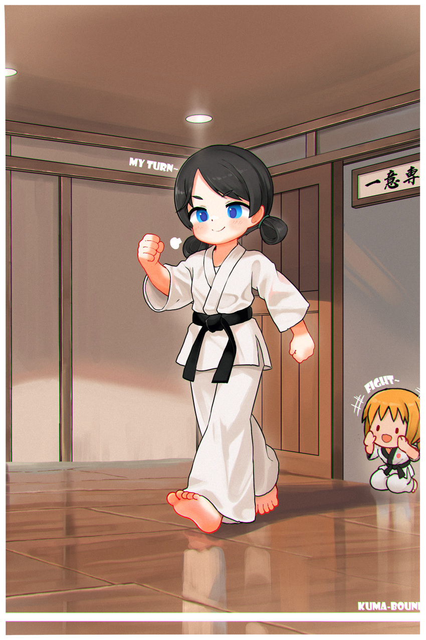 +++ 2girls :d absurdres barefoot belt black_belt black_hair blue_eyes border chibi closed_mouth commentary_request commission dougi english_text highres indoors kuma-bound low_twintails martial_arts_belt medium_hair multiple_girls open_mouth original pants pixiv_commission puff_of_air reflection short_twintails smile soles toes twintails walking white_border white_pants