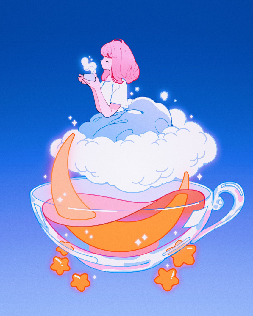 1girl blue_background blue_skirt closed_eyes clouds crescent_moon cup gradient_background highres holding holding_cup long_skirt medium_hair meyoco moon on_cloud original pastel_colors pink_hair pink_liquid shirt short_sleeves simple_background skirt star_(sky) steam teacup white_shirt