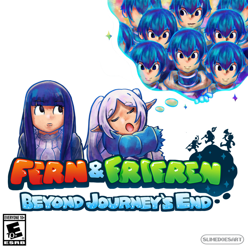 1boy 2girls absurdres artist_name black_eyes blue_hair blue_scarf blunt_bangs character_name closed_eyes closed_mouth commentary copyright_name cover elf esrb fake_cover fern_(sousou_no_frieren) frieren highres himmel_(sousou_no_frieren) logo long_hair mario_&amp;_luigi:_dream_team mario_&amp;_luigi_rpg multiple_girls open_mouth parted_bangs pointy_ears purple_hair scarf simple_background sleeping slime_does_art sousou_no_frieren sparkle super_mario_bros. thick_eyebrows thought_bubble twintails twitter_username video_game_cover white_background white_hair