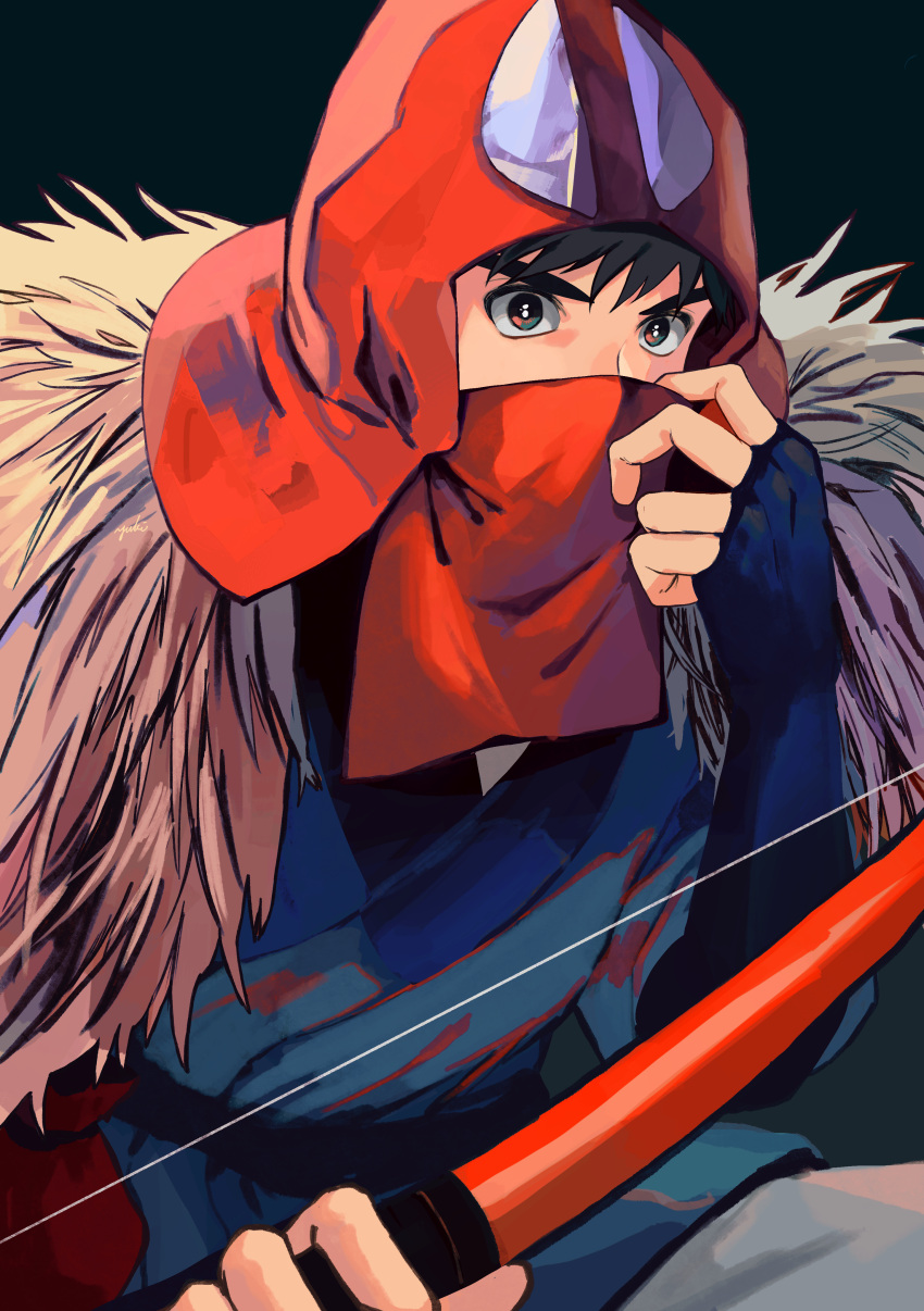 1boy absurdres adjusting_mask ashitaka black_eyes black_hair bow_(weapon) coat fingerless_gloves fur-trimmed_coat fur_trim gloves hand_up highres holding holding_bow_(weapon) holding_weapon japanese_clothes looking_at_viewer male_focus mononoke_hime short_hair solo thick_eyebrows upper_body weapon yukiji_(4215haru)