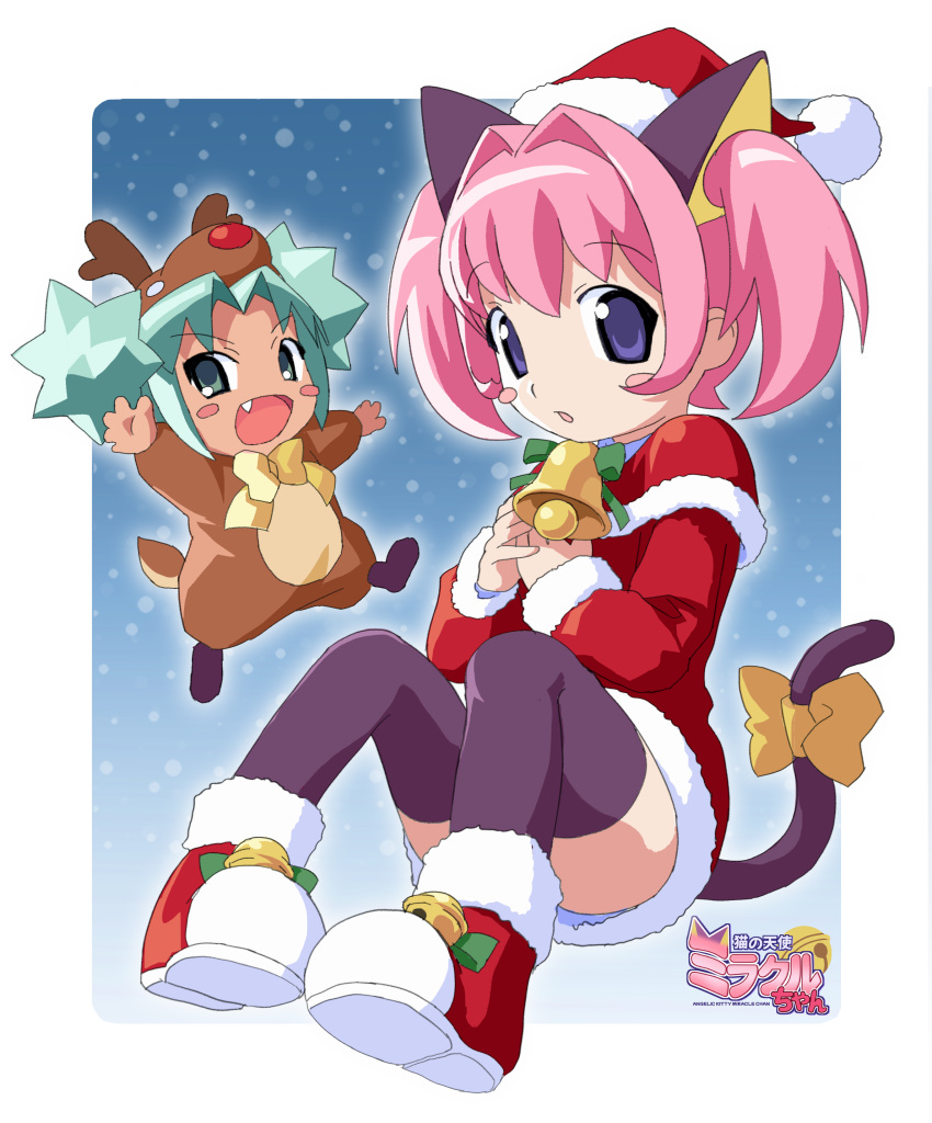 2girls absurdres animal_costume animal_ears bell black_thighhighs blue_eyes blush_stickers capelet cat_ears cat_girl cat_tail colinarmis commentary diaster-tan dress english_commentary fake_antlers fang green_eyes green_hair hat highres jingle_bell logo miracle-chan multiple_girls original pink_hair red_capelet red_footwear reindeer_costume santa_dress santa_hat tail thigh-highs twintails