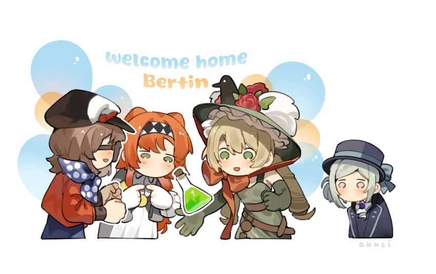 4girls :d artist_name ascot bare_shoulders black_hat black_jacket blonde_hair blue_bow blue_dress blue_neckerchief boater_hat bow brown_hair cabbie_hat checkered_hairband chibi chin_strap dress drill_hair elbow_gloves english_text erlenmeyer_flask flask flower gloves green_dress green_eyes green_gloves green_hat grey_eyes grey_hair hair_bun hat hat_bow hat_feather hat_flower highres index_fingers_together jacket kani_fish long_hair long_sleeves low_twintails multiple_girls neckerchief no_mouth orange_bow orange_hair polka_dot_neckerchief potion red_flower red_jacket regulus_(reverse:1999) reverse:1999 shirt short_hair single_side_bun sleeveless sleeveless_dress smile sonetto_(reverse:1999) sotheby sunglasses twin_drills twintails typo upper_body vertin_(reverse:1999) white_ascot white_background white_dress white_gloves white_shirt