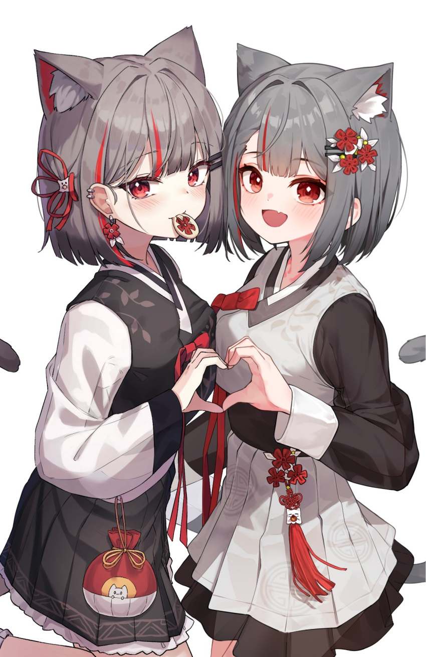 2girls :d animal_ears black_dress black_shirt blunt_ends breast_press breasts cat_ears cat_girl cat_tail dress dual_persona ear_piercing earrings fang firehippo grey_hair heart heart_hands highres jewelry lkjun_(jg010118) long_sleeves looking_at_viewer medium_breasts mouth_hold multicolored_hair multiple_girls neneko_mashiro open_mouth piercing pinafore_dress pleated_dress red_eyes redhead see-through see-through_sleeves shirt short_hair single_earring skin_fang sleeveless sleeveless_dress smile stellive streaked_hair symmetrical_docking tail two-tone_hair virtual_youtuber white_dress white_shirt