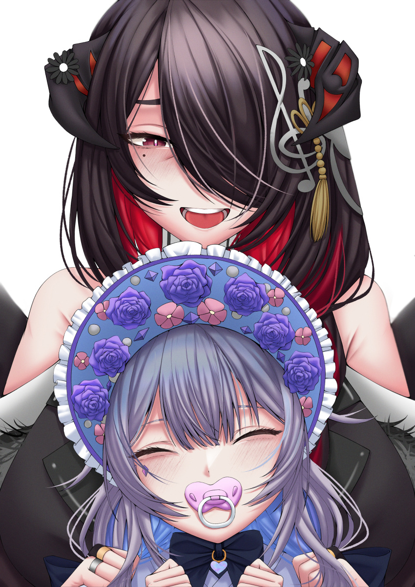 2girls absurdres bare_shoulders black_hair bonnet braid bright_pupils closed_eyes colored_inner_hair commentary demon_horns english_commentary floral_print flower grey_hair hair_flower hair_ornament highres hololive hololive_english horns japanese_clothes kimono koseki_bijou koseki_bijou_(new_year) long_hair mamarissa mature_female mole mole_under_eye multicolored_hair multiple_girls musical_note musical_note_hair_ornament off_shoulder official_alternate_costume one_eye_covered open_mouth pacifier red_eyes redhead simple_background smile takodragonn treble_clef two-tone_hair virtual_youtuber white_background white_pupils wings you_gonna_get_raped